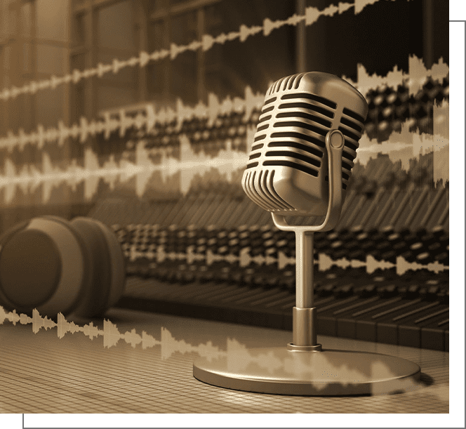 A microphone is sitting on the floor in front of some sound waves.